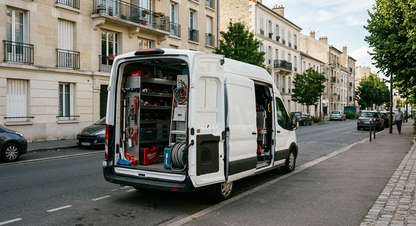 Camionnette plombier Allo Plombier Montreuil en intervention dans les Seine-Saint-Denis